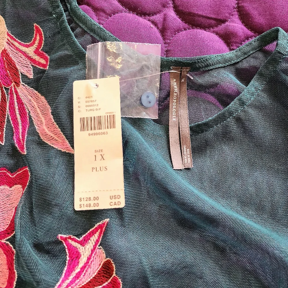 NWT By Anthropologie Long-Sleeve Embroidered Cropped Mesh Top Size 1X - Picture 11 of 16